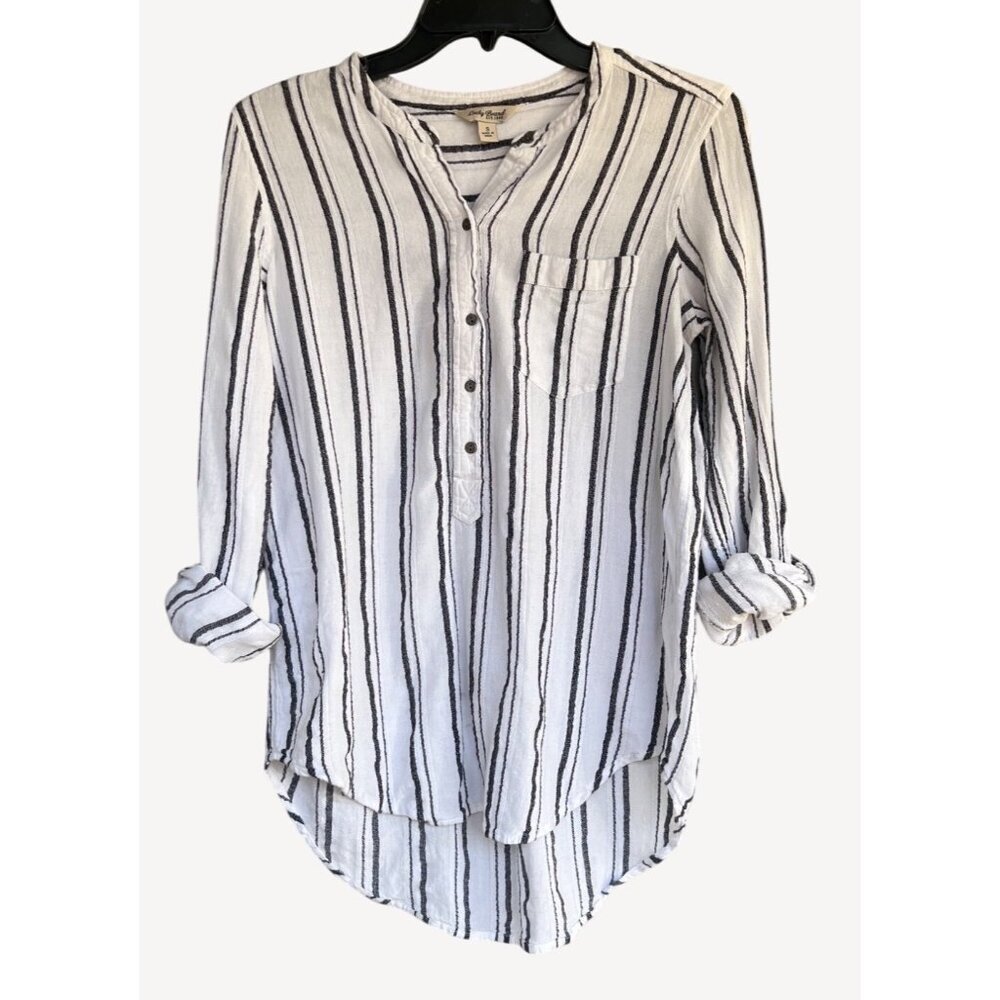 Lucky Brand Womens Striped Casual Top Size Small Roll Tab Sleeve